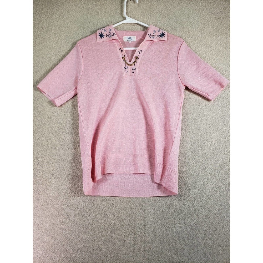 Vintage Puffy Sweater Womens Medium Pink Knit Short Sleeve Collared Casual Wear